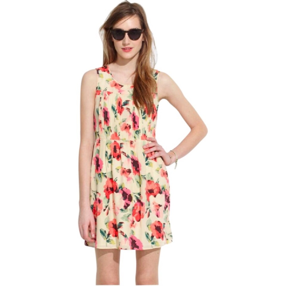 Madewell Floral Flower Mini Dress XS US 2 Cream Red Pink